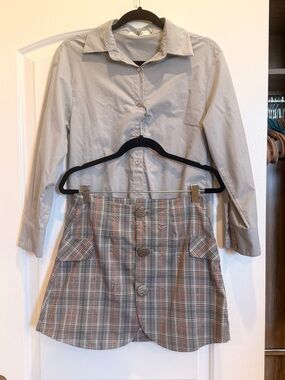 Plaid Button-Front Mini Skirt Shirt Set - Neutral Plaid